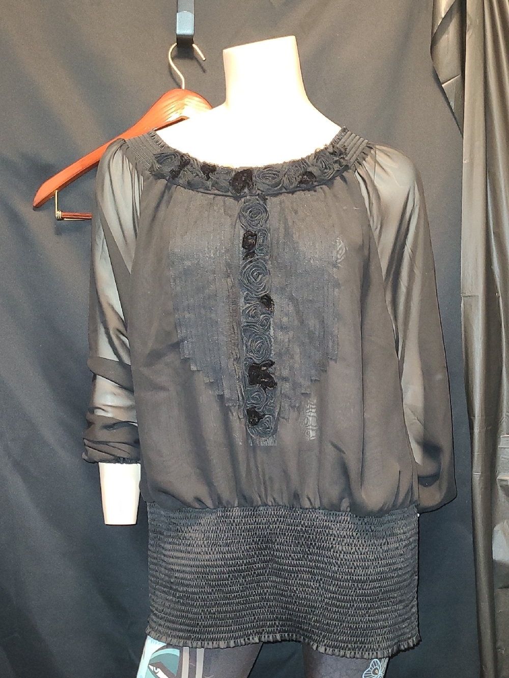 Addition Elle Black Sheer Long-Sleeve Blouse with Rosette Front 3D Floral Look